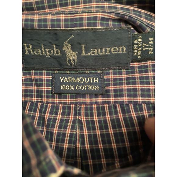 Ralph Lauren Yarmouth Size 17 34/35 Blue Red Plaid Pony Long Sleeve Button Shirt - Picture 2 of 7